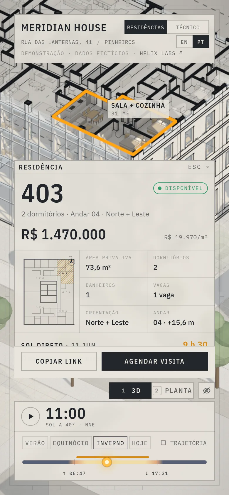 A unidade 403 aberta num celular, com os botões Copiar link e Agendar visita.