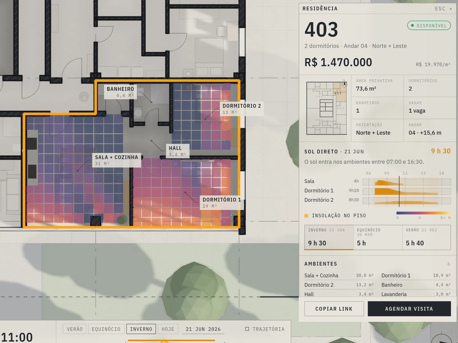 A planta da unidade 403 com o mapa de insolação no piso de cada ambiente.